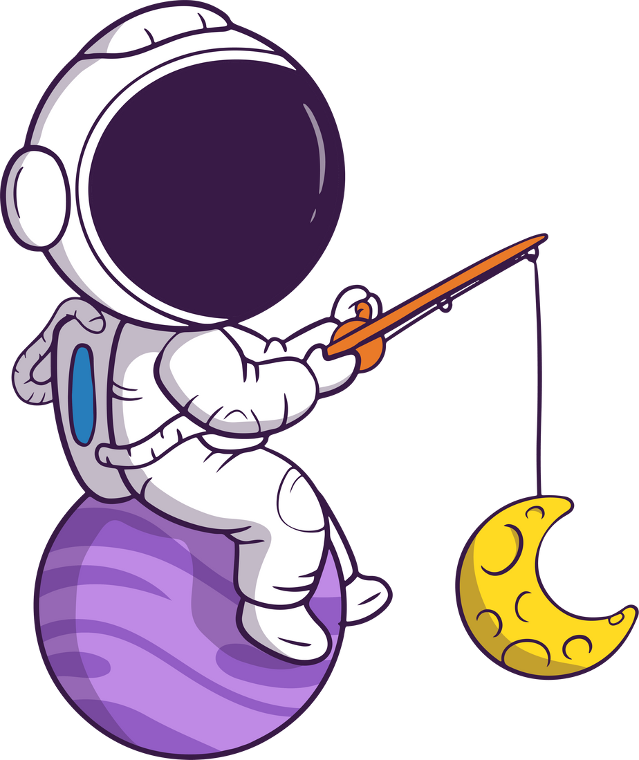 The astronaut character is fishing